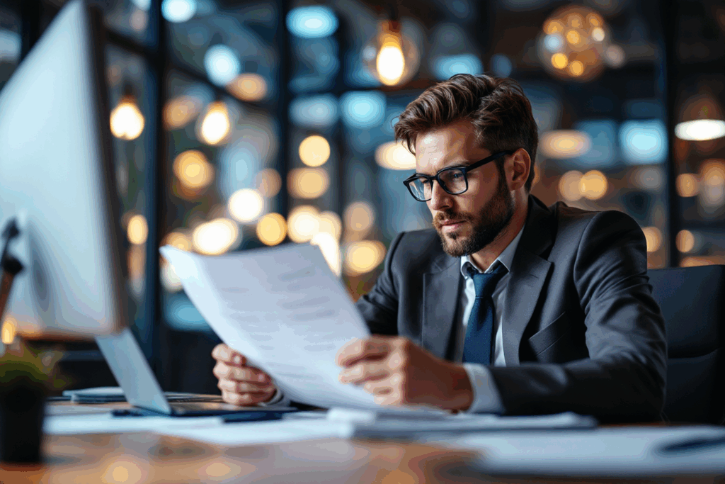 A business professional sitting at a desk, reviewing a report