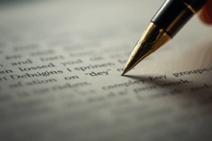 An artistic close-up of a pen poised above a page
