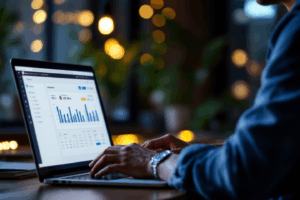 A brand marketing analyst reviewing an influencer campaign dashboard on a laptop