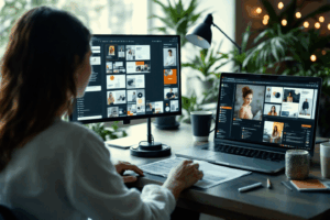 A marketing professional reviewing mood boards and brand guidelines on one screen while comparing influencer Instagram profiles on another