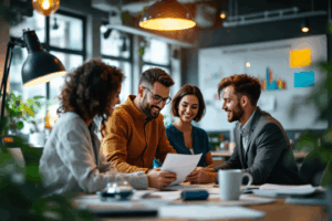 A marketing team in a modern office planning a brand campaign.