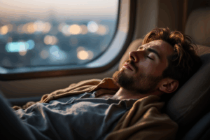 A tired traveler reclining on a sofa or bed, resting after a long journey.