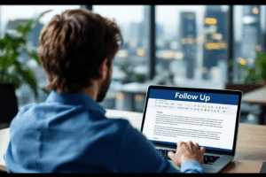 A business professional reviewing an email draft on their laptop with a clear follow-up message