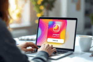 A digital marketer designing an Instagram Story with a clear “Swipe Up” call-to-action button.