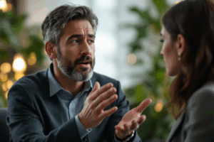 A person sincerely apologizing in a face-to-face conversation, with a gentle expression and open hands. 
