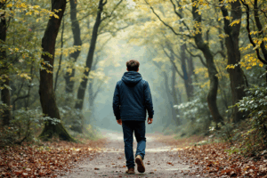 an individual walking peacefully in a forest or park, paying attention to their surroundings