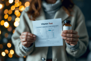 A young adult holds a blood test report and vitamin supplement bottle 