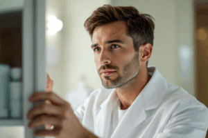 A man opens a medicine cabinet in a brightly lit bathroom
