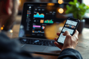 A digital marketer analyzing Instagram Insights on a laptop while simultaneously responding to follower comments and poll results on a smartphone