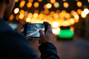 A content creator using a smartphone to film a 60-second video. 
