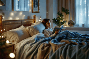a cozy bedroom with soft lighting, a comfortable bed with a calming blue blanket, and a person reading a book by a nightstand