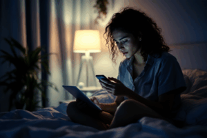 A young adult is sitting on their bed at night, filling out a mental health self-assessment tool on a tablet or phone