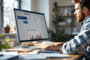 A digital marketer analyzing Facebook Ads Manager data on users’ past purchase behavior, highlighting repeat buyers and product interests. 
