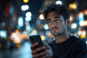A user looks at the phone screen, with an expression of confusion or concern