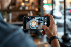 A local café owner snapping a photo of their latte art using a smartphone for Instagram Stories