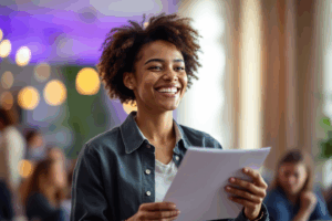 A joyful student or professional confidently presenting or sharing written work