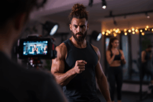 A fitness coach filming a quick Instagram Reel demonstrating a simple workout routine in a home gym. 
