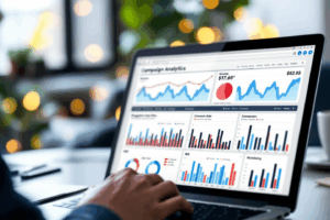 A digital marketer reviewing detailed campaign analytics on a laptop, with graphs for engagement rate, conversion tracking, and ROI.