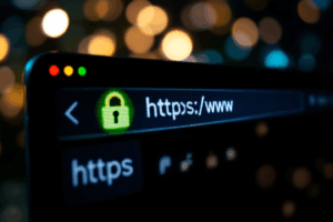 A browser window showing a green padlock and “https://” in the URL bar of a website. 