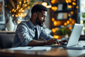 A business professional sitting at a desk, drafting an email on their laptop