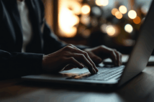 A business professional at a laptop, drafting an important email to a client