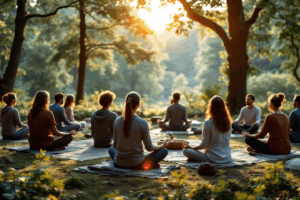 A peaceful retreat setting in nature, with a group of people participating in a mindfulness session