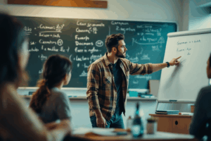 A teacher explaining grammar to students in a classroom, pointing to a whiteboard