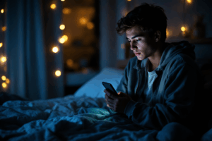 a teenager sitting on their bed at night, scrolling through social media on their phone