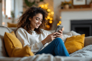 young adult sitting in a cozy living room, scrolling through social media on their phone