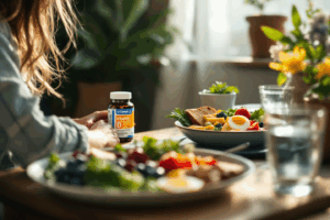 A person sits at their breakfast table with a balanced meal, next to a bottle of Vitamin D supplements and a glass of water.