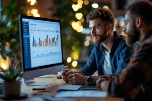 A marketing team reviewing Instagram campaign analytics on a large screen