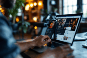 A local gym owner setting up geo-targeted Facebook ads on a laptop, selecting a 10-mile radius around their city.