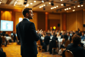 a professional presenting at a conference