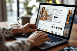 A digital marketer setting up an Instagram Shop on a laptop, customizing the storefront with product images, descriptions, and categories.