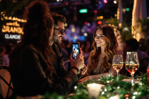 A celebrity influencer attending a glamorous brand launch event, posing for photos while filming Reels and Stories on their phone