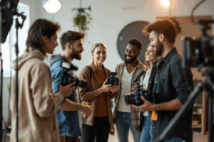 A diverse group of content creators filming engaging Instagram Reels and Stories in different settings