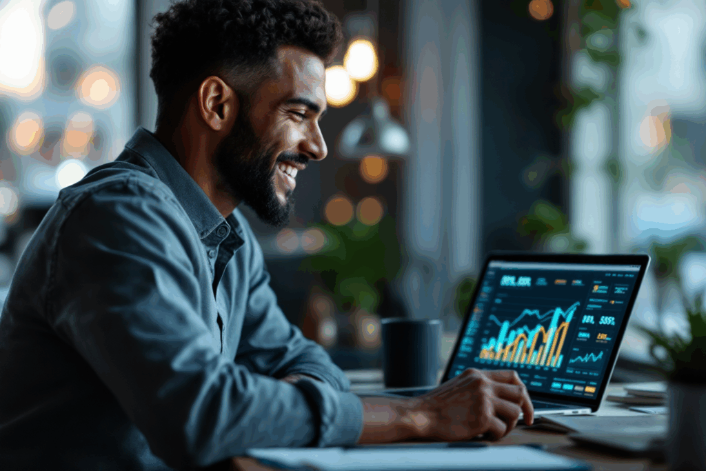A small business owner looking at their website traffic analytics on a laptop, smiling as the graph rises.