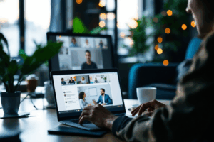 A business professional attending an online training session on effective email writing, watching a webinar