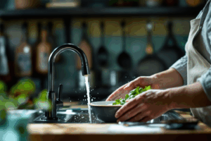 A person practicing mindfulness while washing dishes, fully focused on the task at hand