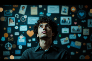a person surrounded by symbols of everyday life, such as work emails, family photos, and health reminders