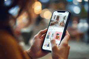 A shopper using Instagram on a smartphone, receiving personalized product recommendations powered by AI.