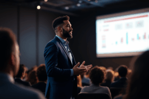 A business professional standing confidently in front of an audience, giving a presentation
