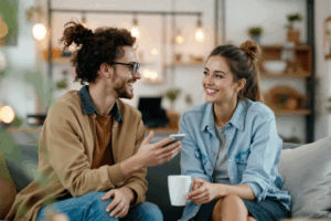 A brand manager and an influencer collaborating in a relaxed setting—perhaps a cozy café or creative studio