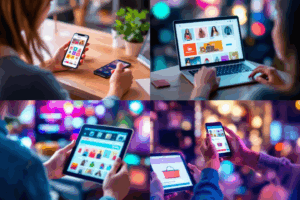A vibrant collage showing a business’s Instagram journey: from creating shoppable posts and curated product collections to engaging customers via Instagram Shop and Explore Shopping. 