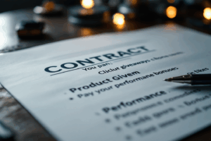 A contract laid out on a table showing payment terms, product giveaways, and performance bonuses. 