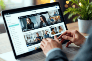 A brand manager comparing influencer profiles on a laptop
