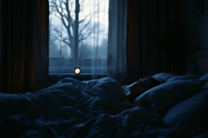 A bedroom in early morning with minimal natural light filtering through thick curtains. An alarm clock reads 7:30 AM, but a person is still in bed, struggling to get up