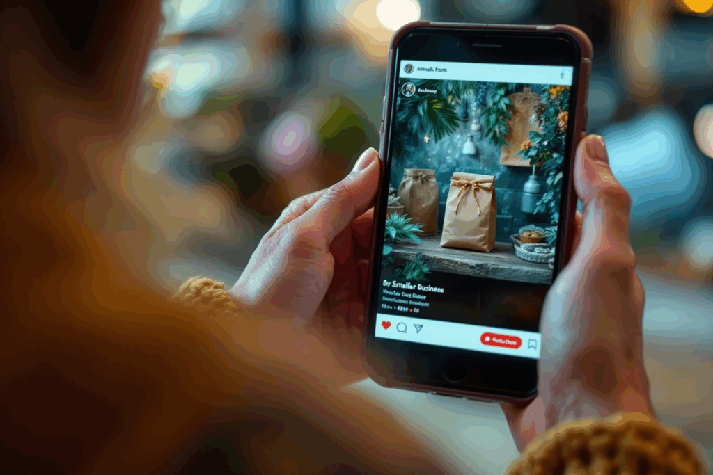 A small business owner creating a vibrant Instagram post featuring their product, with visible product tags and prices on the photo.