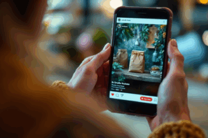 A small business owner creating a vibrant Instagram post featuring their product, with visible product tags and prices on the photo.