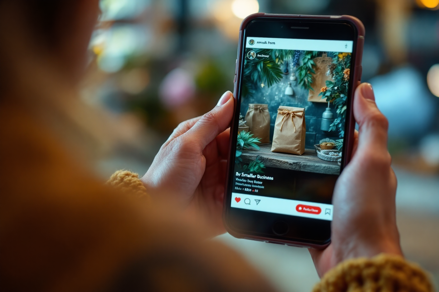 A small business owner creating a vibrant Instagram post featuring their product, with visible product tags and prices on the photo.